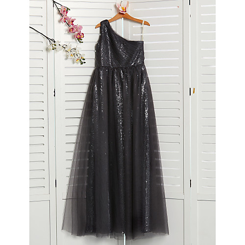 

A-Line Maxi Junior Bridesmaid Dress Party Tulle Sleeveless One Shoulder with Beading