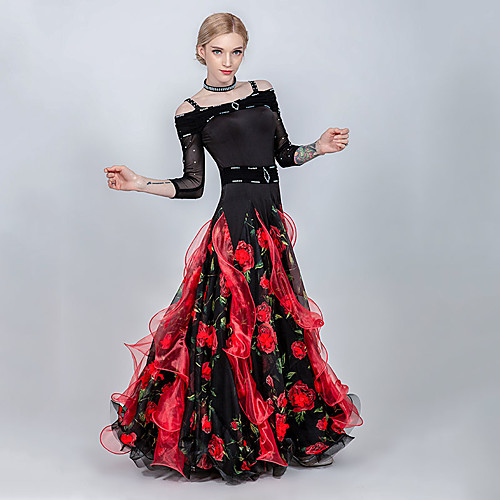 

Ballroom Dance Dress Split Joint Crystals / Rhinestones Women's Training Performance 3/4 Length Sleeve Chiffon Ice Silk