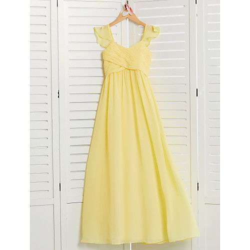 

A-Line Floor Length Junior Bridesmaid Dress Party Chiffon Short Sleeve Square Neck with Ruffles