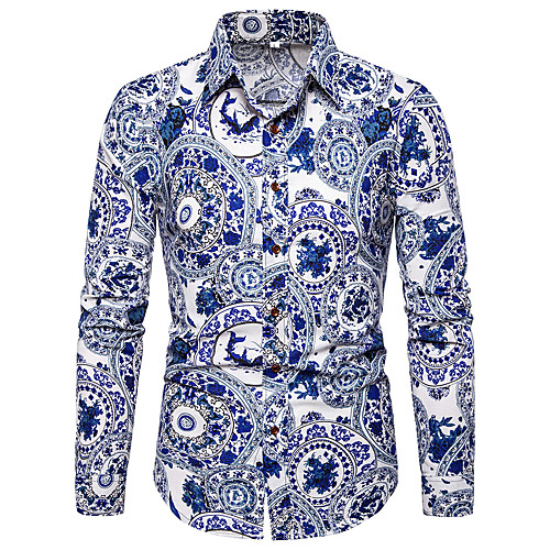 

Men's Shirt Galaxy Geometric Print Long Sleeve Party Tops Boho Blue