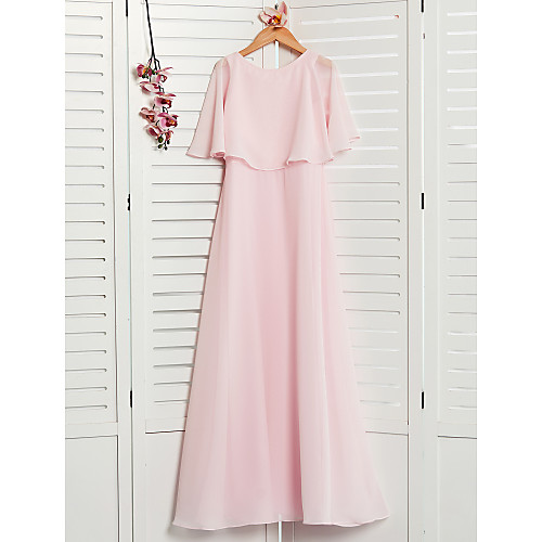 

A-Line Maxi Junior Bridesmaid Dress Christmas Chiffon Half Sleeve Jewel Neck with Ruffles