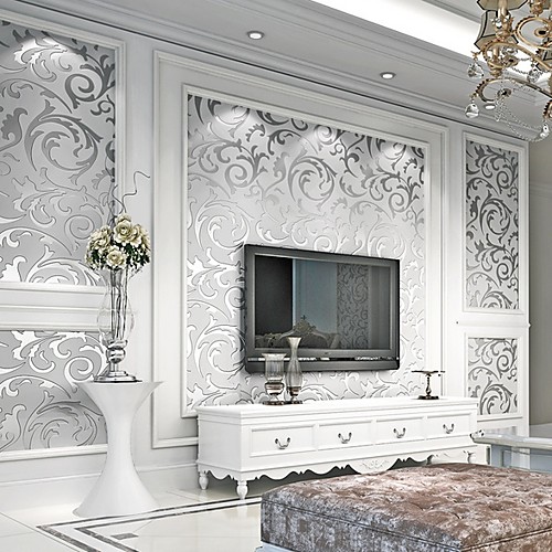 

Wallpaper Wall Covering Sticker Film Silver Floral Flocking Adhesive Required Non Woven Home Décor 100053 cm