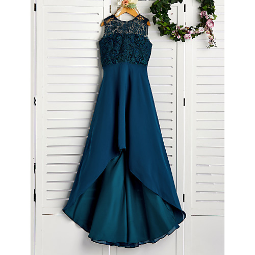 

A-Line Asymmetrical Junior Bridesmaid Dress Party Chiffon Sleeveless Jewel Neck with Lace