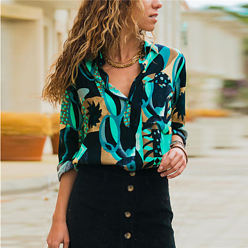 

Women's Shirt Graphic Print Long Sleeve Going out Tops Basic Vintage Blue Green