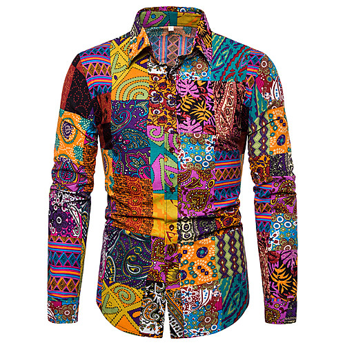 

Men's Shirt Galaxy Geometric Print Long Sleeve Party Tops Boho Black