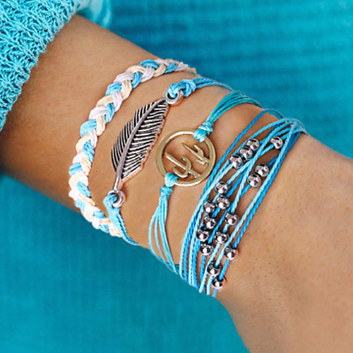 

4pcs Women's Wrap Bracelet Vintage Bracelet Earrings / Bracelet Layered Leaf Cactus Simple Classic Vintage Ethnic Fashion Cord Bracelet Jewelry Blue For Daily School Street Holiday Festival