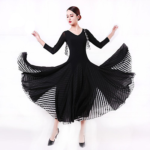 

Ballroom Dance Dress Split Joint Women's Training Performance 3/4 Length Sleeve Natural Crystal Cotton Imitation Silk