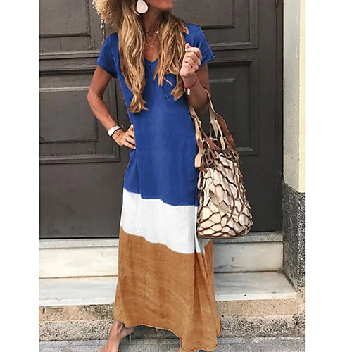 

Women's Tunic Maxi long Dress Yellow Gray Red Navy Blue Short Sleeve Color Block Fashion Fall Spring V Neck Hot S M L XL XXL