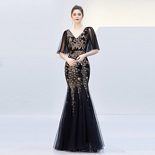 

Mermaid / Trumpet Elegant & Luxurious Elegant Formal Evening Dress V Neck Half Sleeve Floor Length Tulle Sequined with Sequin 2021