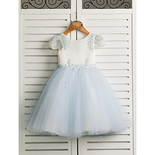 

Princess Tea Length Flower Girl Dresses Wedding Satin Cap Sleeve Jewel Neck with Beading