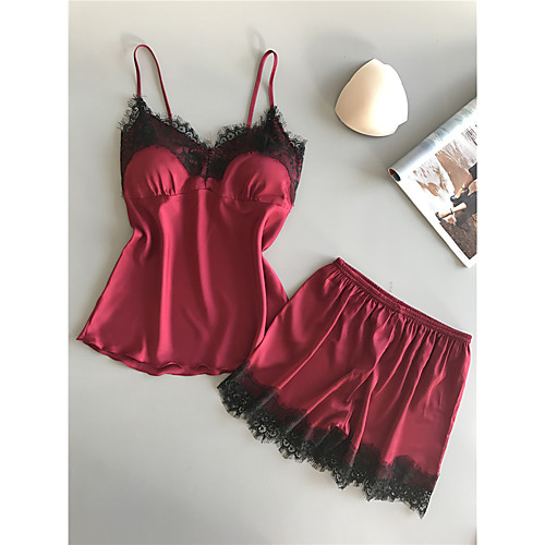 

Women's Uniforms & Cheongsams Pajamas Sets Backless Cut Out Mesh Jacquard Solid Colored Nylon Polyester Casual Strap Top Shorts Daily Wear Home Without chest pad / Lace / Lace / Sexy