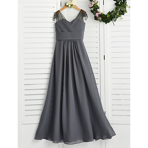 

A-Line Maxi Junior Bridesmaid Dress Party Chiffon Sleeveless V Neck with Ruching