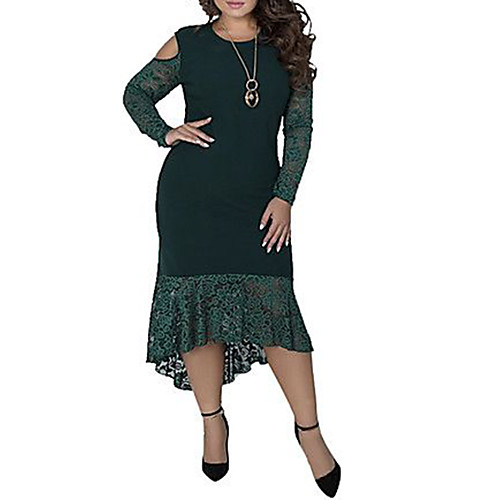 

Women's Plus Size Asymmetrical Sheath Dress - Long Sleeve Solid Colored Lace Patchwork Elegant Sophisticated Slim Wine Blue Green XL XXL XXXL XXXXL XXXXXL XXXXXXL
