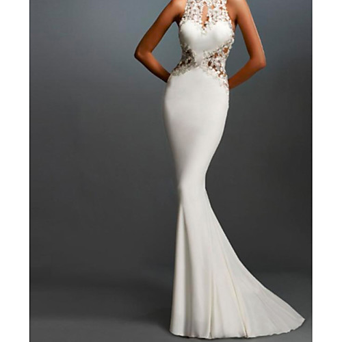 

Mermaid / Trumpet White Elegant Engagement Formal Evening Dress Halter Neck Sleeveless Sweep / Brush Train Lace Stretch Satin with Lace Insert Appliques 2021