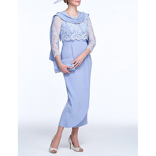 

Two Piece Sheath / Column Mother of the Bride Dress Plus Size Elegant Vintage Bateau Neck Ankle Length Lace Polyester 3/4 Length Sleeve with Split Front 2021