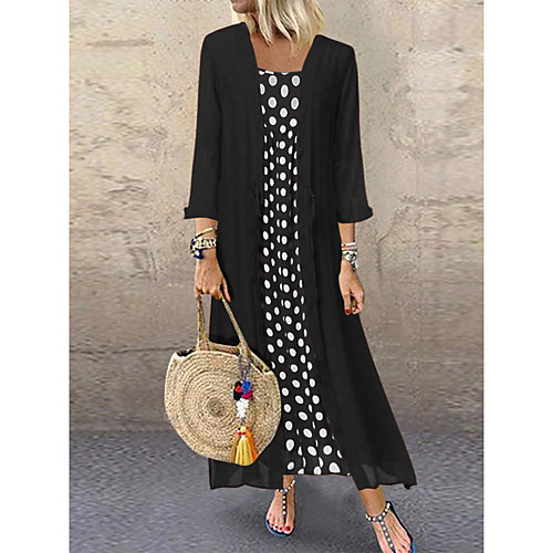 

Women's Maxi Two Piece Dress - Half Sleeve Polka Dot Print Elegant Belt Not Included Black Blushing Pink Orange S M L XL XXL