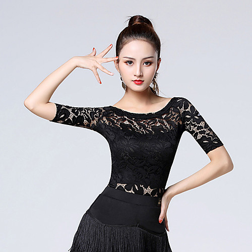

Latin Dance Top Lace Split Joint Women's Training Performance Half-Sleeve Spandex Lace