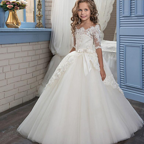 

Ball Gown Floor Length Flower Girl Dresses Christmas Cotton / nylon with a hint of stretch Half Sleeve Boat Neck with Lace