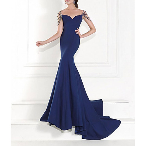 

Mermaid / Trumpet Open Back Formal Evening Dress Sweetheart Neckline Short Sleeve Sweep / Brush Train Charmeuse with Crystals Beading 2021