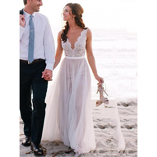 

A-Line Wedding Dresses Jewel Neck Sweep / Brush Train Lace Tulle Regular Straps Beach Illusion Detail Backless with 2021