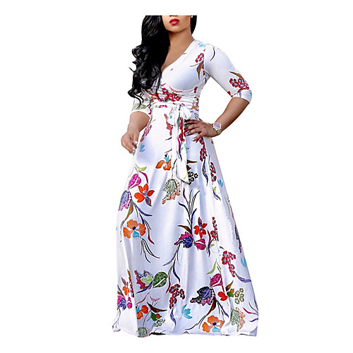 

Women's Sheath Dress Maxi long Dress White Long Sleeve White Floral Fall Spring V Neck Boho Beach M L XL XXL 3XL / Plus Size / Plus Size
