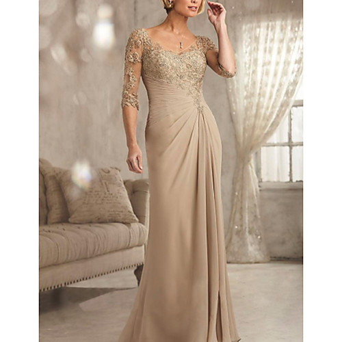 

Sheath / Column Mother of the Bride Dress Plus Size Sexy See Through V Neck Floor Length Chiffon Lace Half Sleeve with Lace 2021