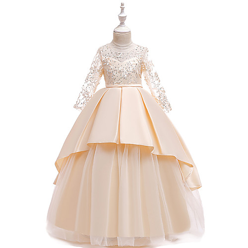 

Princess Floor Length Flower Girl Dresses Party Lace Long Sleeve Jewel Neck with Lace
