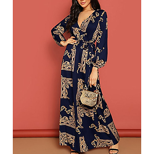 

Women's A Line Dress Maxi long Dress Black Navy Blue Long Sleeve Geometric Spring & Summer V Neck Hot Elegant 2021 S M L XL / Chiffon