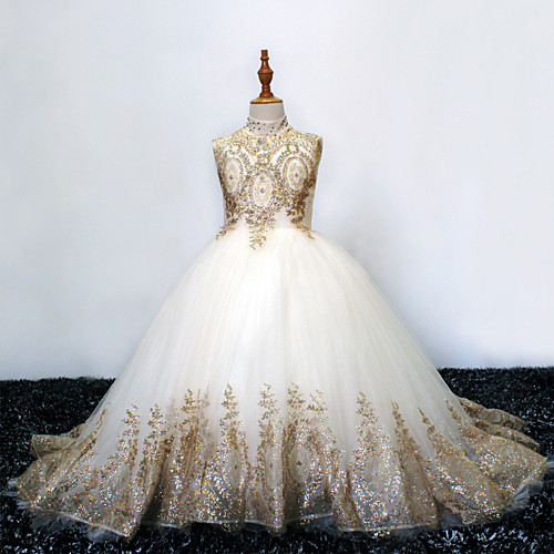 

Princess Sweep / Brush Train Flower Girl Dresses Wedding Tulle Sleeveless High Neck with Crystals / Rhinestones