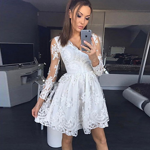 

Women's A Line Dress - Long Sleeve Geometric Lace V Neck White S M L XL
