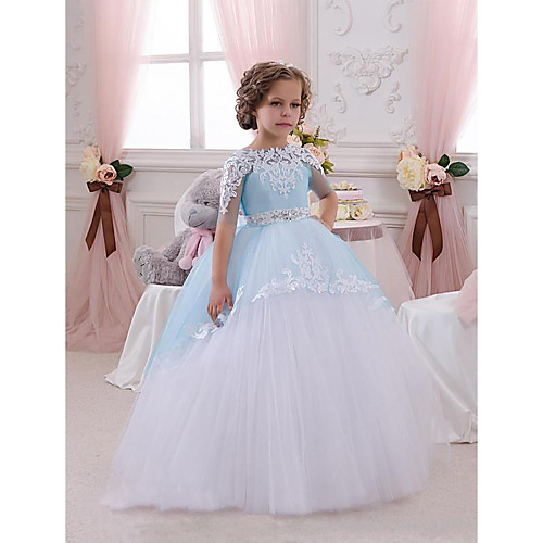 

Princess Floor Length Flower Girl Dresses Wedding Lace Short Sleeve Jewel Neck with Lace