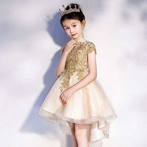 

A-Line Asymmetrical Flower Girl Dresses Pageant Polyester Short Sleeve Jewel Neck with Appliques
