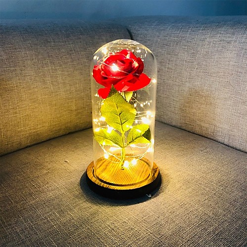

Beauty and The Beast Rose Red Silk Rose LED Lights Lasts Forever in Glass Dome on Wooden Base Gift for Valentine's Day Wedding Anniversary Birthday