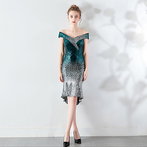 

Mermaid / Trumpet Sparkle Party Wear Cocktail Party Dress Off Shoulder Sleeveless Asymmetrical Sequined with Criss Cross Sequin 2021