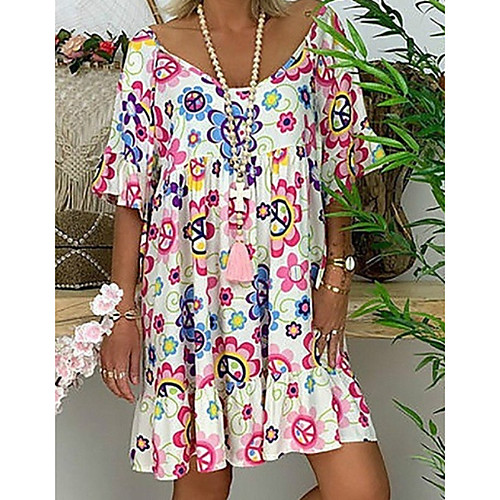 

Women's Tunic Knee Length Dress Blue White Red Light Blue Short Sleeve Floral Print Summer Round Neck Basic Hot M L XL XXL 3XL 4XL 5XL