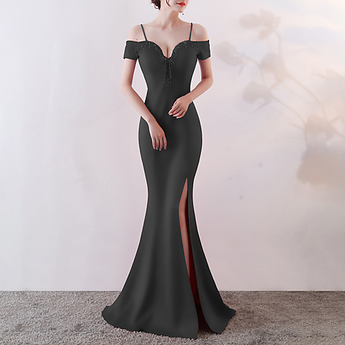 

Mermaid / Trumpet Elegant & Luxurious Sexy Formal Evening Dress Off Shoulder Sleeveless Sweep / Brush Train Satin with Crystals Split Front 2021