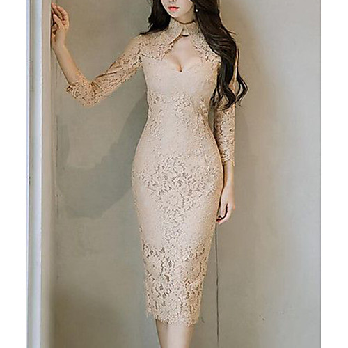 

Women's Bodycon Short Mini Dress Khaki 3/4 Length Sleeve Solid Colored Fall Spring Crew Neck Going out Slim Lace S M L XL / Cotton / Cotton