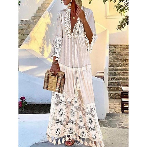 

Women's Swing Dress Yellow Blushing Pink White Light Blue Long Sleeve Solid Colored Patchwork Deep V Bohemian Loose S M L XL XXL 3XL 4XL / Plus Size / Maxi / Plus Size