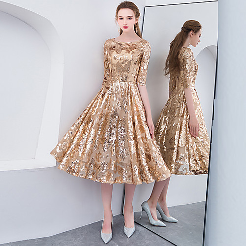 

A-Line Elegant Sparkle & Shine Holiday Cocktail Party Dress Jewel Neck Half Sleeve Tea Length Sequined with 2021