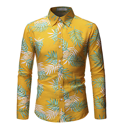 

Men's Shirt Graphic Geometric Floral Print Long Sleeve Casual Tops Cotton Vintage Streetwear Yellow