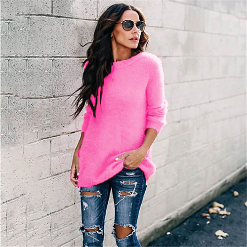 

Women's Solid Colored Pullover Wool Blend Long Sleeve Sweater Cardigans Round Neck Fall Spring Fuchsia Green Light Blue