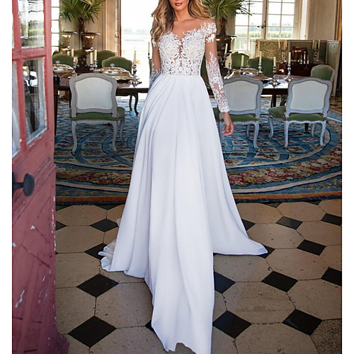 

A-Line Wedding Dresses V Neck Sweep / Brush Train Chiffon Lace Long Sleeve Romantic Illusion Sleeve with Beading 2021