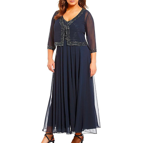 

A-Line Mother of the Bride Dress Wrap Included V Neck Ankle Length Chiffon 3/4 Length Sleeve with Beading 2021