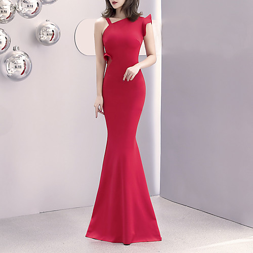 

Mermaid / Trumpet Elegant & Luxurious Sexy Formal Evening Dress One Shoulder Sleeveless Sweep / Brush Train Satin with 2021