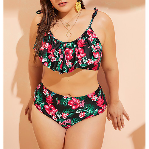 

Women's Basic Black Halter Tankini Swimwear Swimsuit - Floral Print L XL 2XL Black