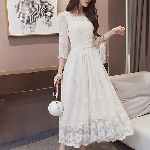 

Women's Loose Maxi long Dress White Beige Long Sleeve White Solid Colored Spring Asymmetrical S M L XL