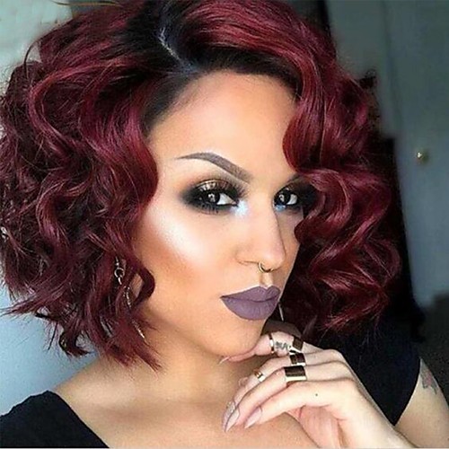 Synthetic Wig Curly Bob Wig Burgundy Short Black Dark Wine