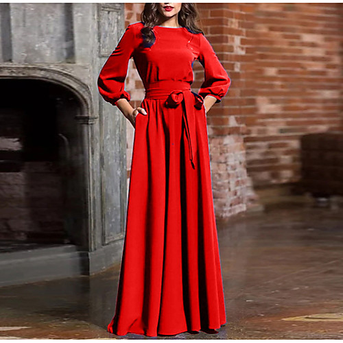 

Women's Sheath Dress Maxi long Dress - Long Sleeve Solid Colored Bow Lace up Fashion Spring Summer Basic Wine Black Blue Red Green Navy Blue S M L XL XXL