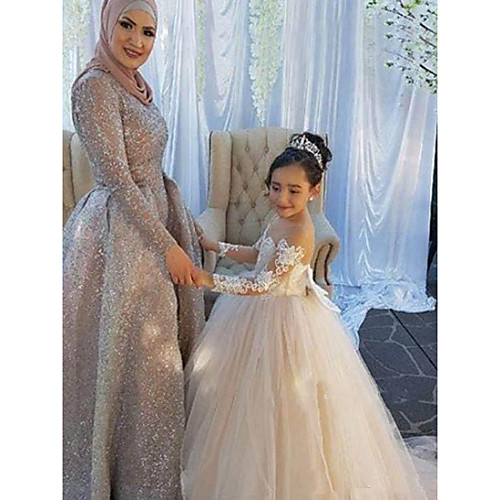 

Ball Gown Sweep / Brush Train Flower Girl Dresses Wedding Lace Long Sleeve Boat Neck with Lace / First Communion