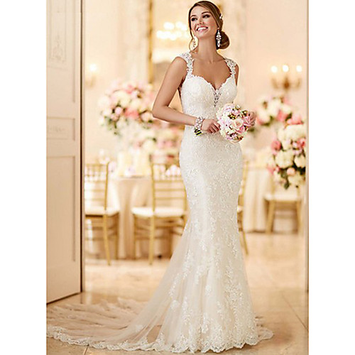 

Mermaid / Trumpet Wedding Dresses V Neck Sweep / Brush Train Lace Spaghetti Strap Mordern Sexy Backless with 2021